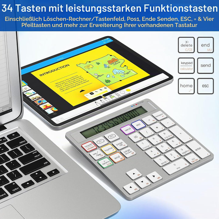 2-in-1 Ziffernblock Bluetooth- 34 Tasten Nummernblöcke mit Taschenrechner für PC/Laptop/Handy/iPhone