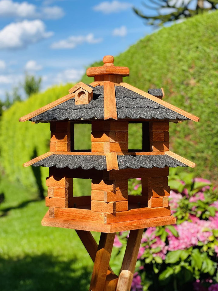 DARLUX Vogelvilla wetterfest von L bis XXL Futterhaus Vogelhaus mit oder ohne Ständer in Braun mit R