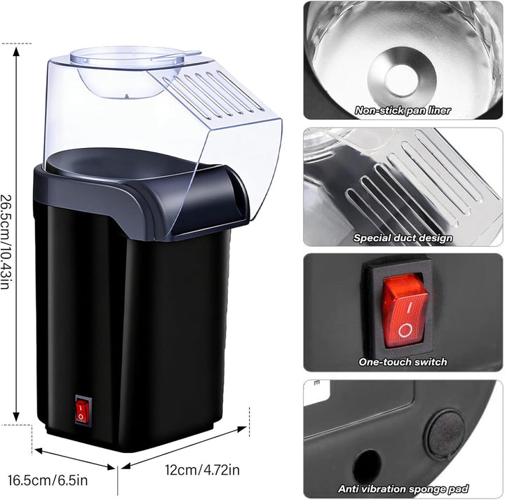 Heissluft Popcornmaschine - 1200W Mini Heissluft Popcorn Maker Ohne Öl Fett, 3 Min Schnellstart, One