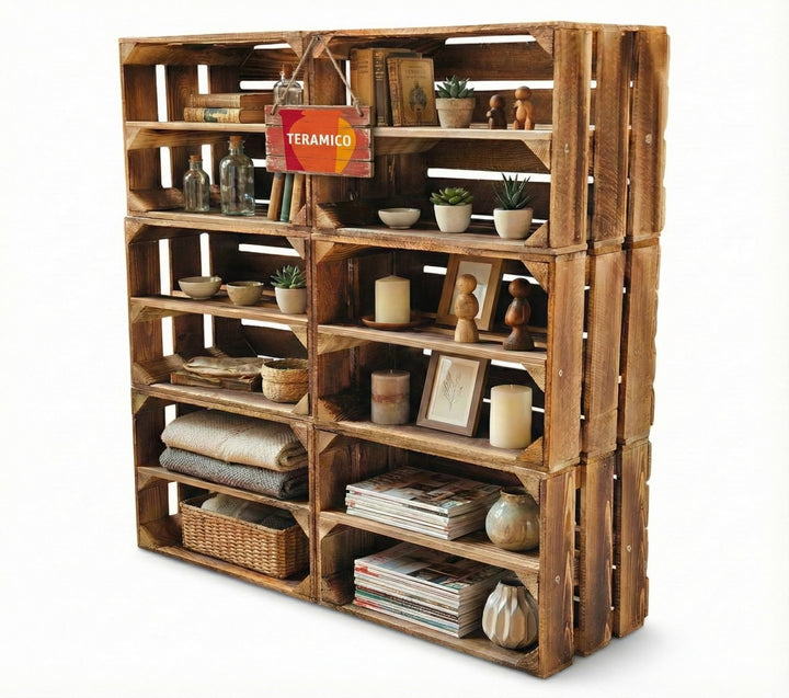 Teramico Vintage Holzkisten 40 x 30 x 25cm geflammt | Weinkisten &amp; Obstkisten | Set-Angebote (6er Se