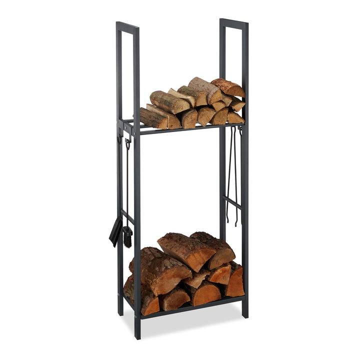 Relaxdays, anthrazit Kaminholzregal mit 2 Ablagen, aus Stahl, 4 Haken für Kaminbesteck, Brennholzreg