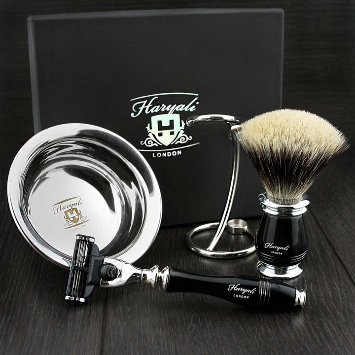 Haryali London Luxury Black Herren Rasierset 3 Edge Rasiermesser, Rasierpinsel, Rasierständer und Ra