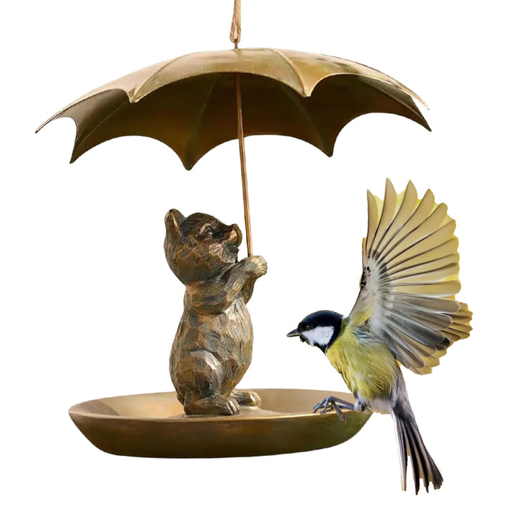Tier Vogelhäuschen Mit Regenschirm | Hübsches Metall Eichhörnchen Hält Vogelfutterstelle,Ganzjahres