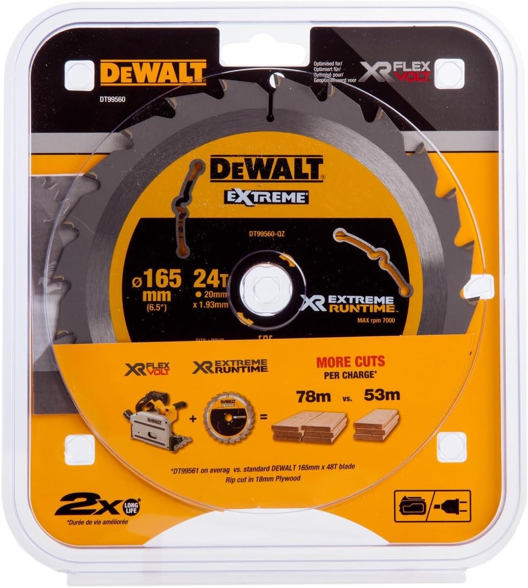 Dewalt XR Extreme Runtime Kreissägeblatt (für Tauchkreissägen, Sägeblatt-Ø 165/20 mm, 24 WZ/FZ, für