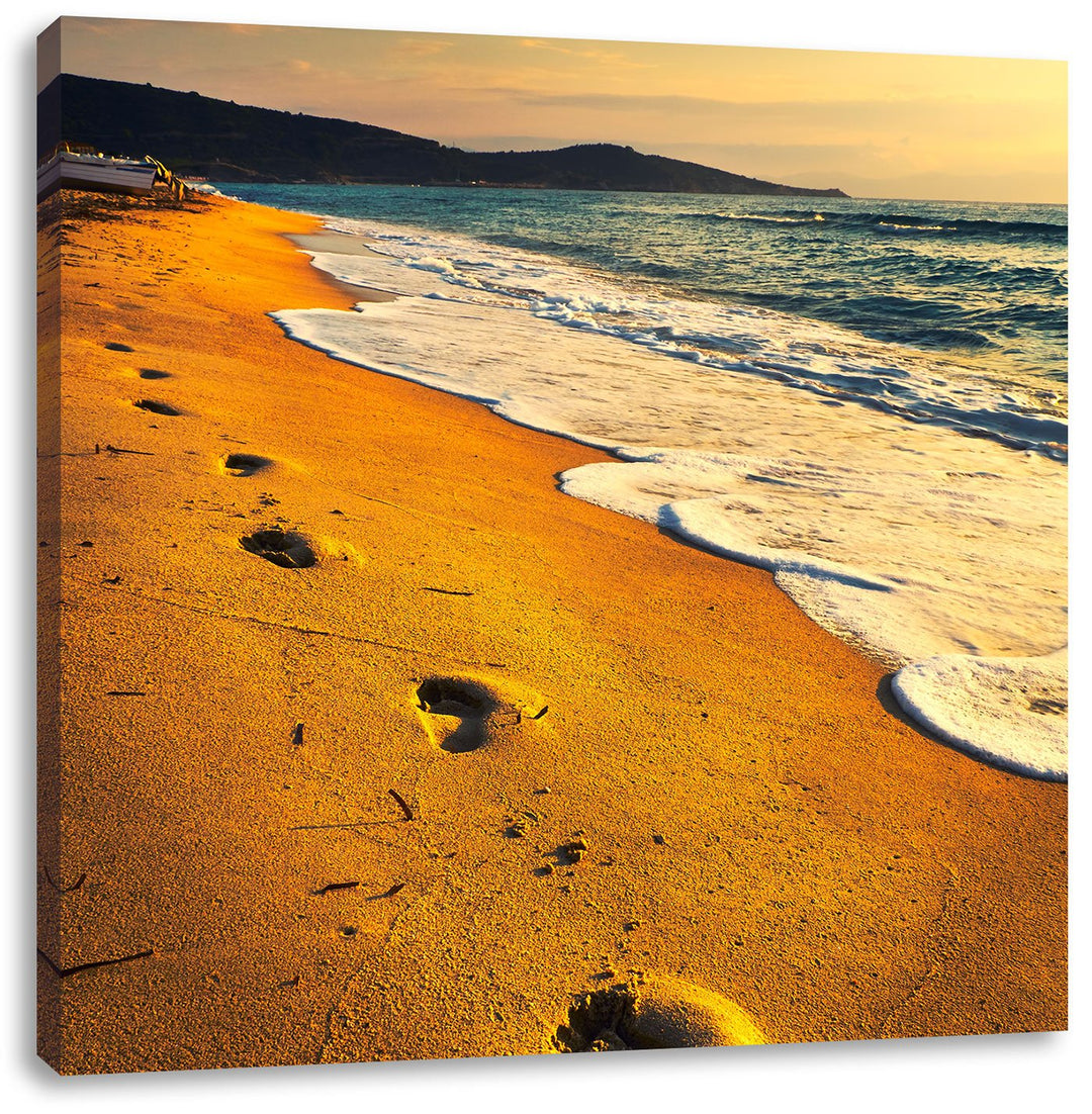 Fussabdrücke im Strand, Format: 70x70 auf Leinwand, XXL riesige Bilder fertig gerahmt mit Keilrahmen