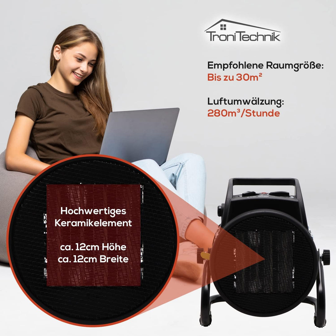 Tronitechnik® 3000W Elektroheizer Heizlüfter Bauheizer Keramik Heizstrahler elektrisch Heizgerät mit