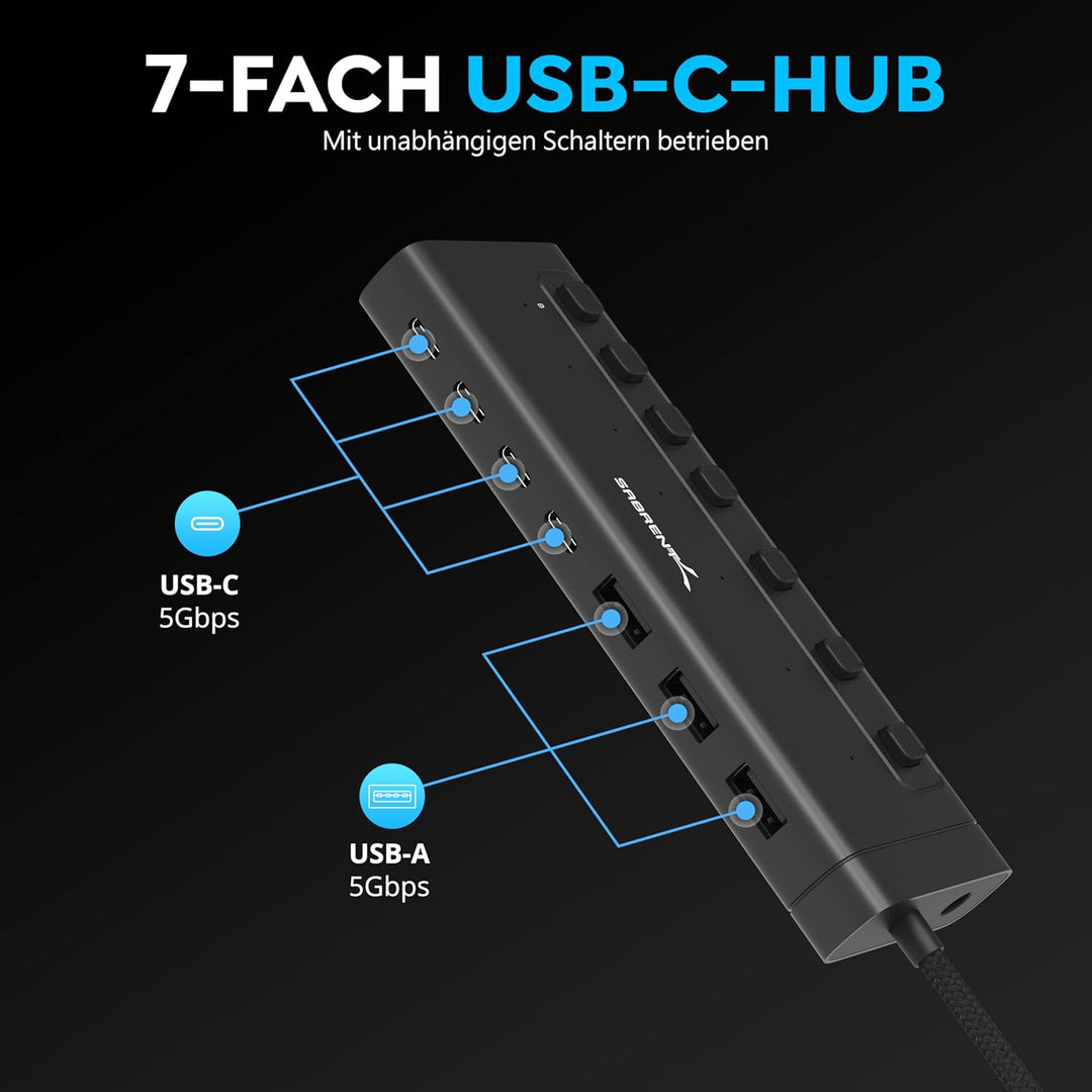 SABRENT USB C Hub 7 Port 48 W mit Schaltern (HB-3A4C) 7 Port 20w Typ C+A, 7 Port 20w Typ C+A