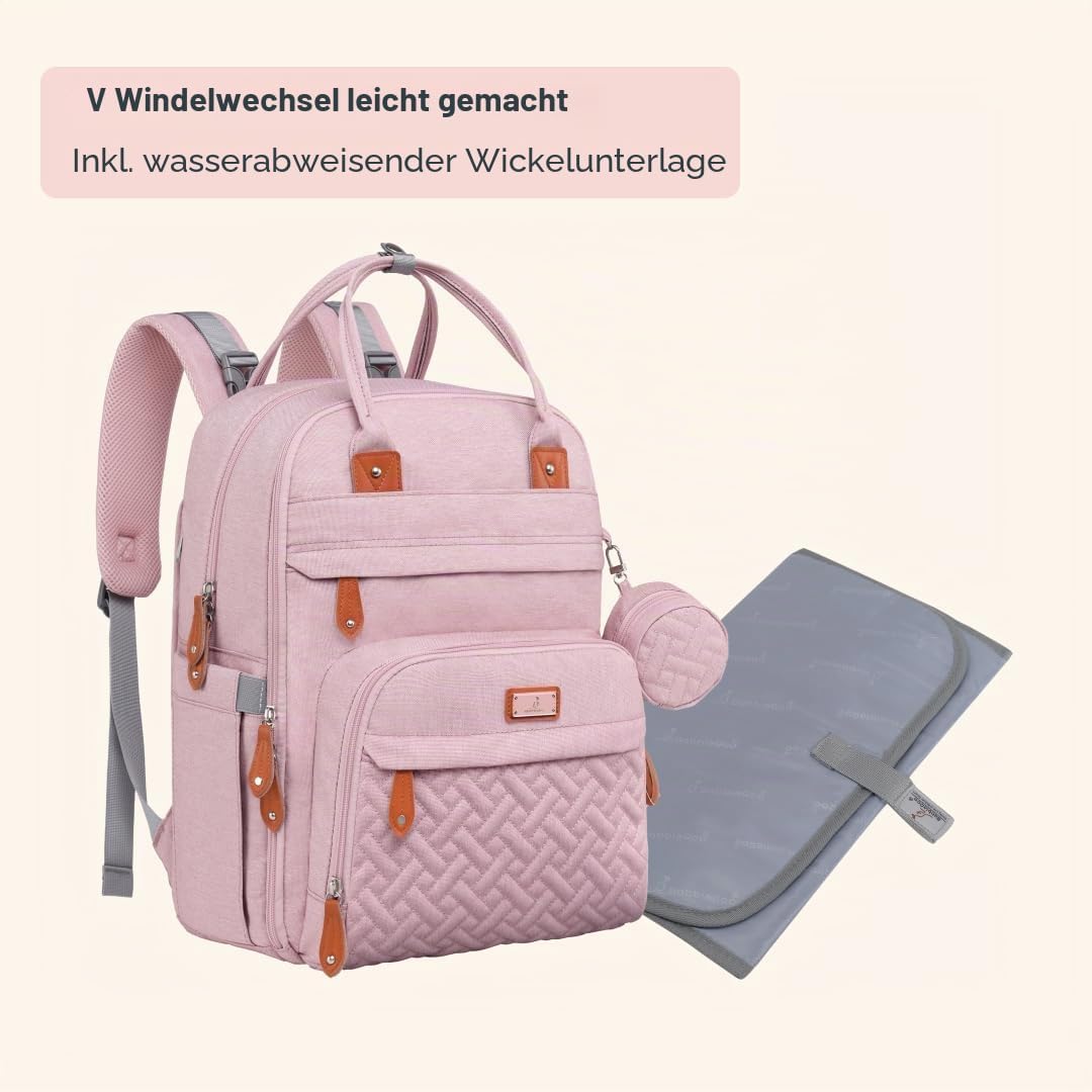 BabbleRoo Wickeltasche Rucksack – Grosse Kapazität, 17 Taschen, Wasserabweisend – mit Wickelauflage,