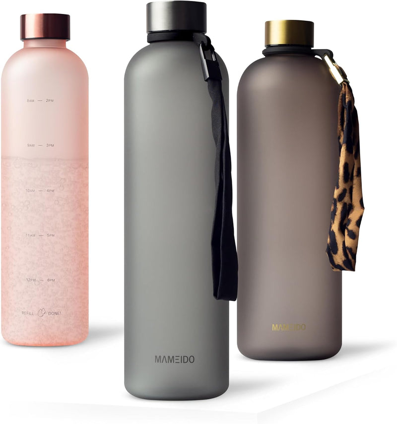 MAMEIDO Trinkflasche 1l & 1,5l Kohlensäure geeignet, auslaufsichere Trinkflasche mit Zeitmarkierung