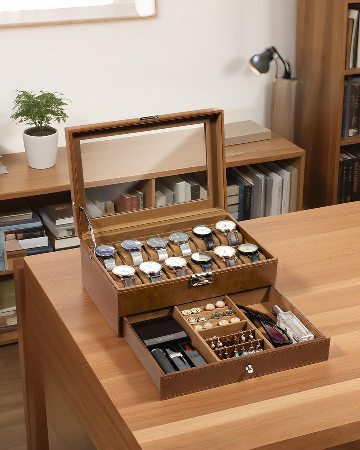 Uten Uhrenbox, 12 Fächern und 1 Schublade mit Schlüsselschloss, Glasdeckel, Braunes PU, Braunes Samt