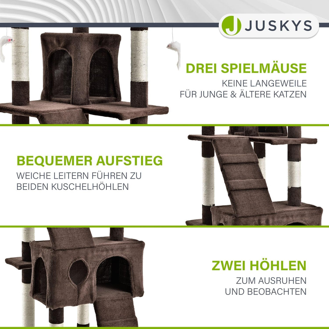 Juskys XXL Kratzbaum Amy braun — Katzenbaum mit Höhlen, Liegeflächen, Leitern & Sisal-Stämmen — Stab