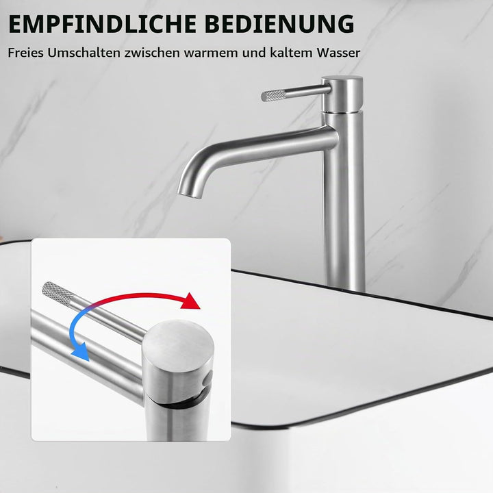 PHASAT Wasserhahn Bad, Waschtischarmatur für Waschbecken Gebürstet Einhebelmischer Hoch für Aufsatzw