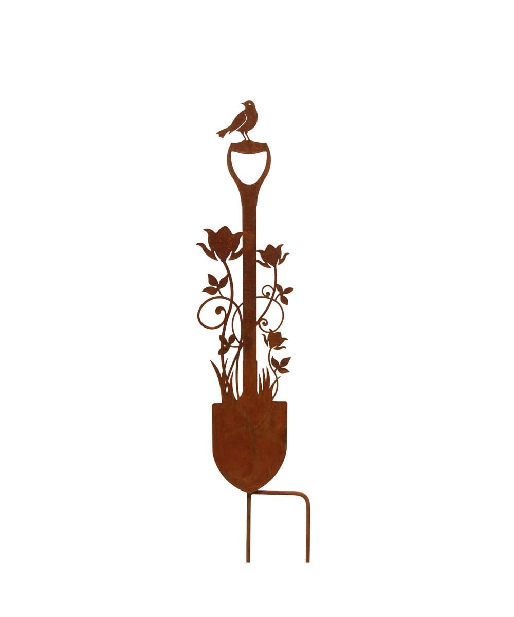 Bornhöft Gartenstecker Spaten Schaufel mit Blumen und Vogel Metall Gartendeko Rost Edelrost rostiger