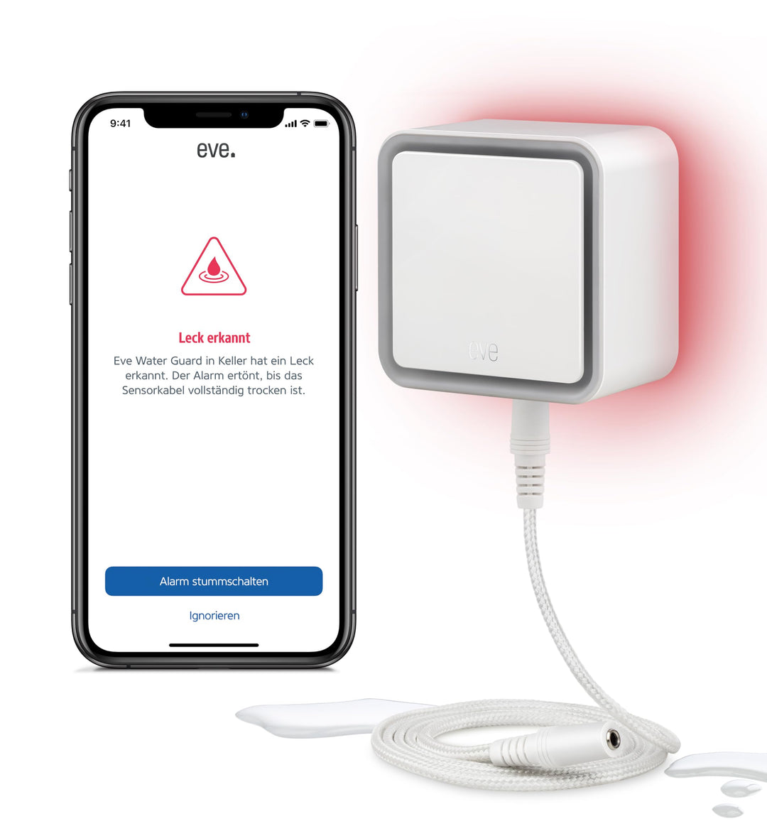 Eve Water Guard - Smarter Wassermelder, 2m Sensorkabel (verlängerbar), 100dB, Wasseralarm auf iPhone