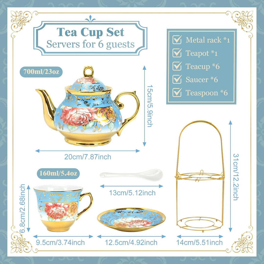 Blau Blume Porzellan Teeservice, Rose Ceramic Tea Set, Vintage Tea Set with Teapot, Metallständer, 1