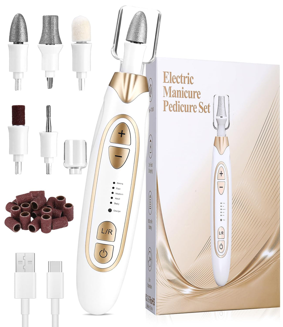 Zofory Maniküre/Pediküre Set, Nagelfräser, Elektrische Nagelfeile mit 6 Aufsätzen, 20 Sandringe, 5 G