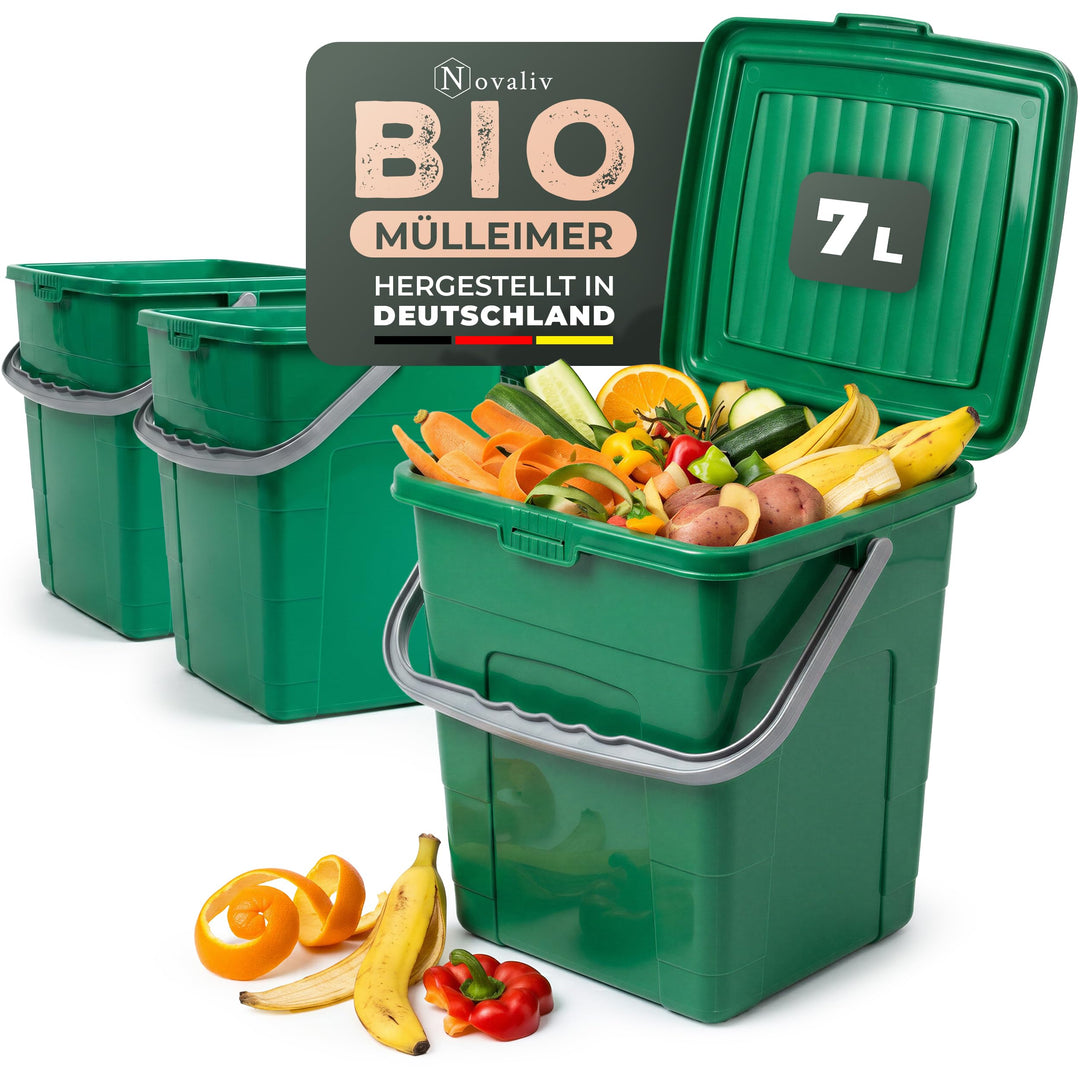 Novaliv Biomülleimer Küche 7L 3er-Set mit Klappdeckel & Tragegriff, Komposteimer stapelbar, BPA-frei