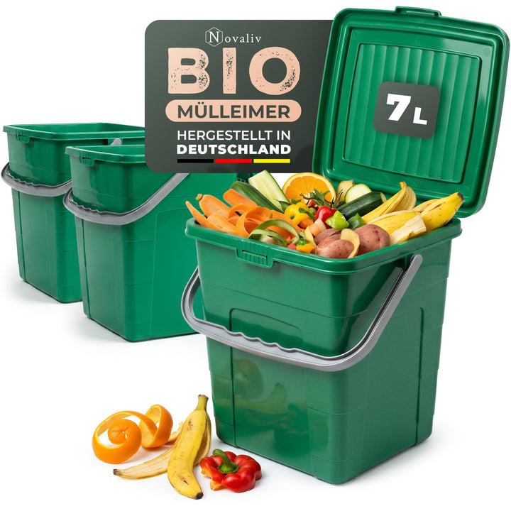 Novaliv Biomülleimer Küche 7L 3er-Set mit Klappdeckel & Tragegriff, Komposteimer stapelbar, BPA-frei