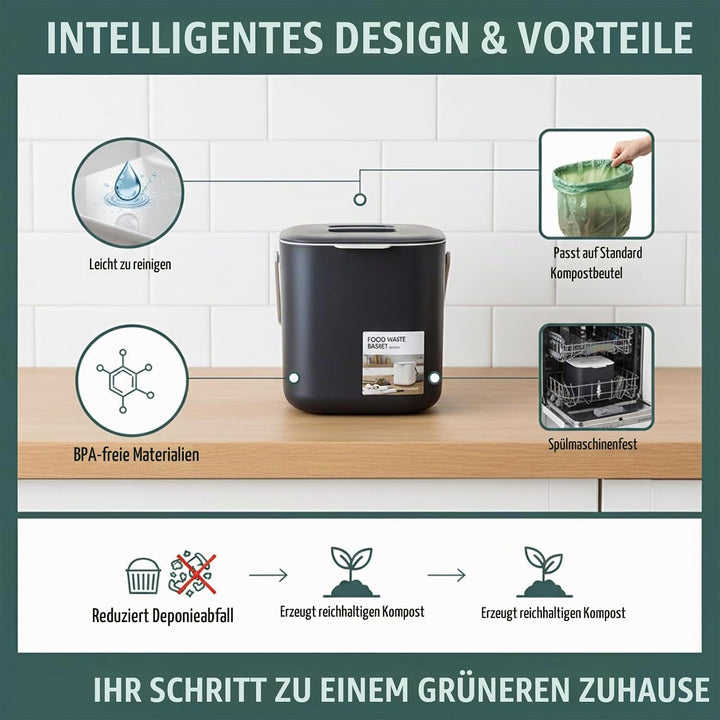 Kleiner Biomülleimer Küche, 4L Biomülleimer Küche mit Sieb - Geruchsneutral, Spülmaschinenfest für K