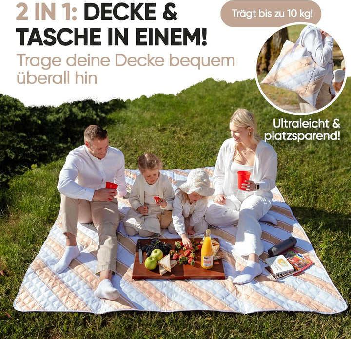Picknickdecke wasserdicht 200x200cm isoliert & gepolstert - Stranddecke sandfrei – ideal für Camping
