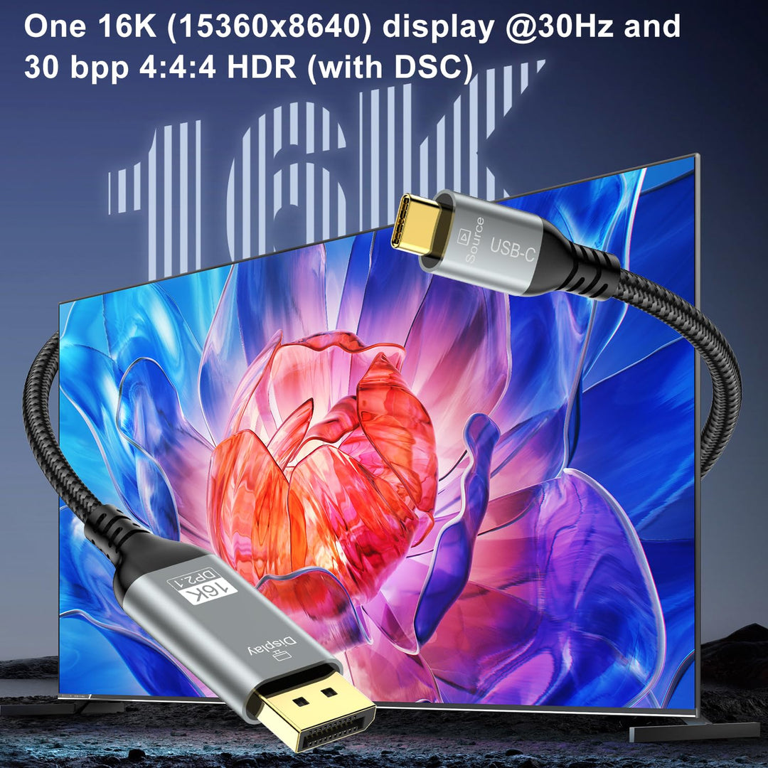 USB C auf DisplayPort 2.1 Kabel, 16K 30Hz 8K 60Hz 4K 240Hz, Thunderbolt 4/3 zu DP Kabel 40Gbps, komp