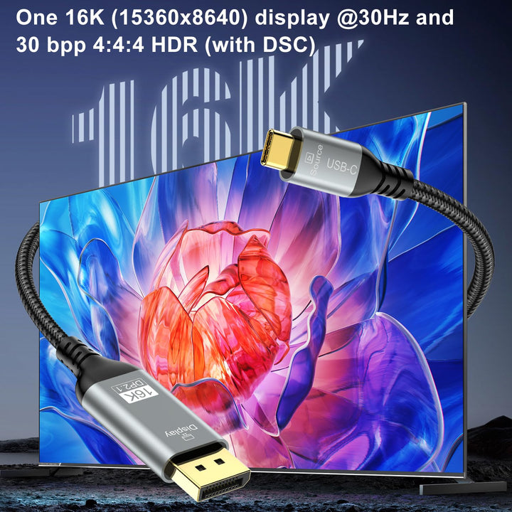 USB C auf DisplayPort 2.1 Kabel, 16K 30Hz 8K 60Hz 4K 240Hz, Thunderbolt 4/3 zu DP Kabel 40Gbps, komp