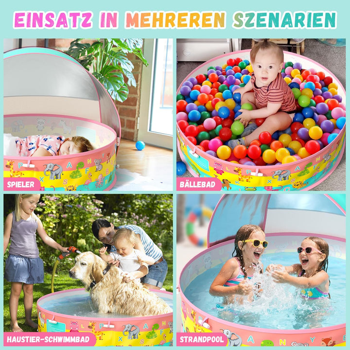 Baby Planschbecken mit Dach, Pop-Up Strandmuschel Baby UV Schutz 50+ mit Aufbewahrungstasche, 4 in 1