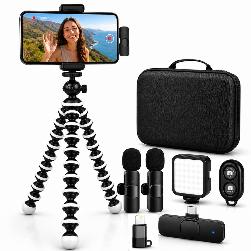 Acuvar Flexibles Stativ-Vlogging-Kit für iPhone, Android und GoPro mit LED-Licht, Handyhalterung, Mi