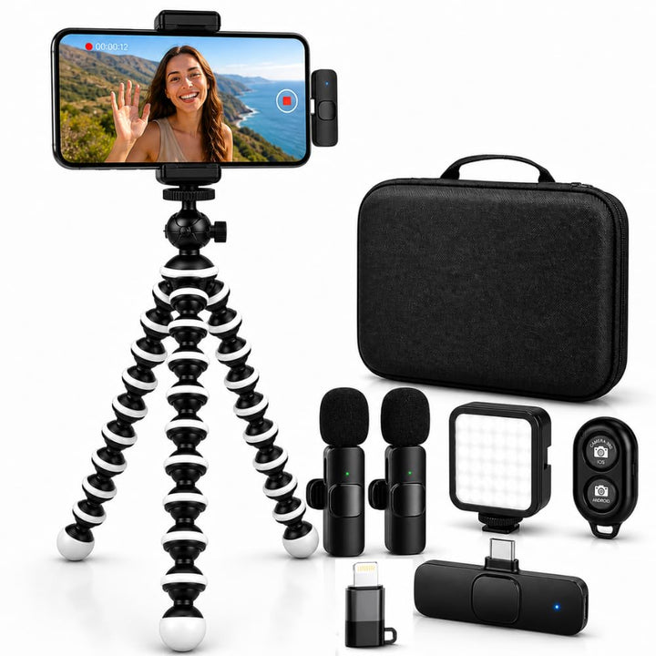 Acuvar Flexibles Stativ-Vlogging-Kit für iPhone, Android und GoPro mit LED-Licht, Handyhalterung, Mi