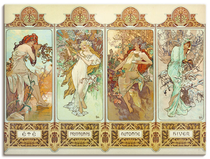 ARTland Leinwandbilder Wandbild Bild auf Leinwand 80x60 cm Wanddeko Alfons Mucha Sommer Herbst Winte