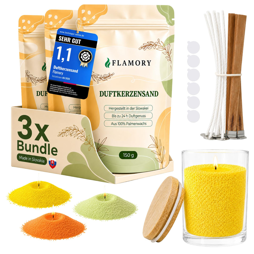 Kerzensand mit Duft Starter Set 3x150g inkl. Glas & Deckel – [Orange/Citronella/Verbena] – 9 Dochte