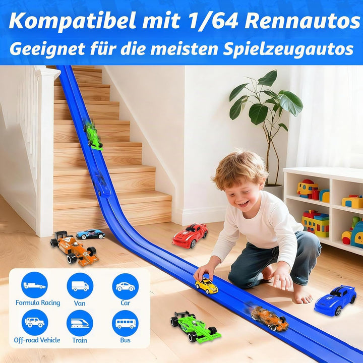 Autorennbahn 4M, Flexible Rennstrecke mit 4 Autos Rollt Auf Tragbare Dual Rennstrecke Rampen Auto Re