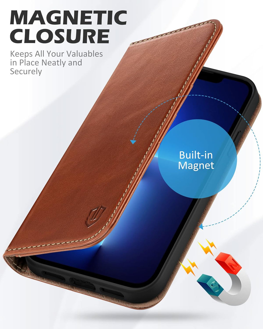SHIELDON Hülle für iPhone 13 Pro 5G Handyhülle [Echtleder] [Kartenfach] [Magnet] [Standfunktion] [RF