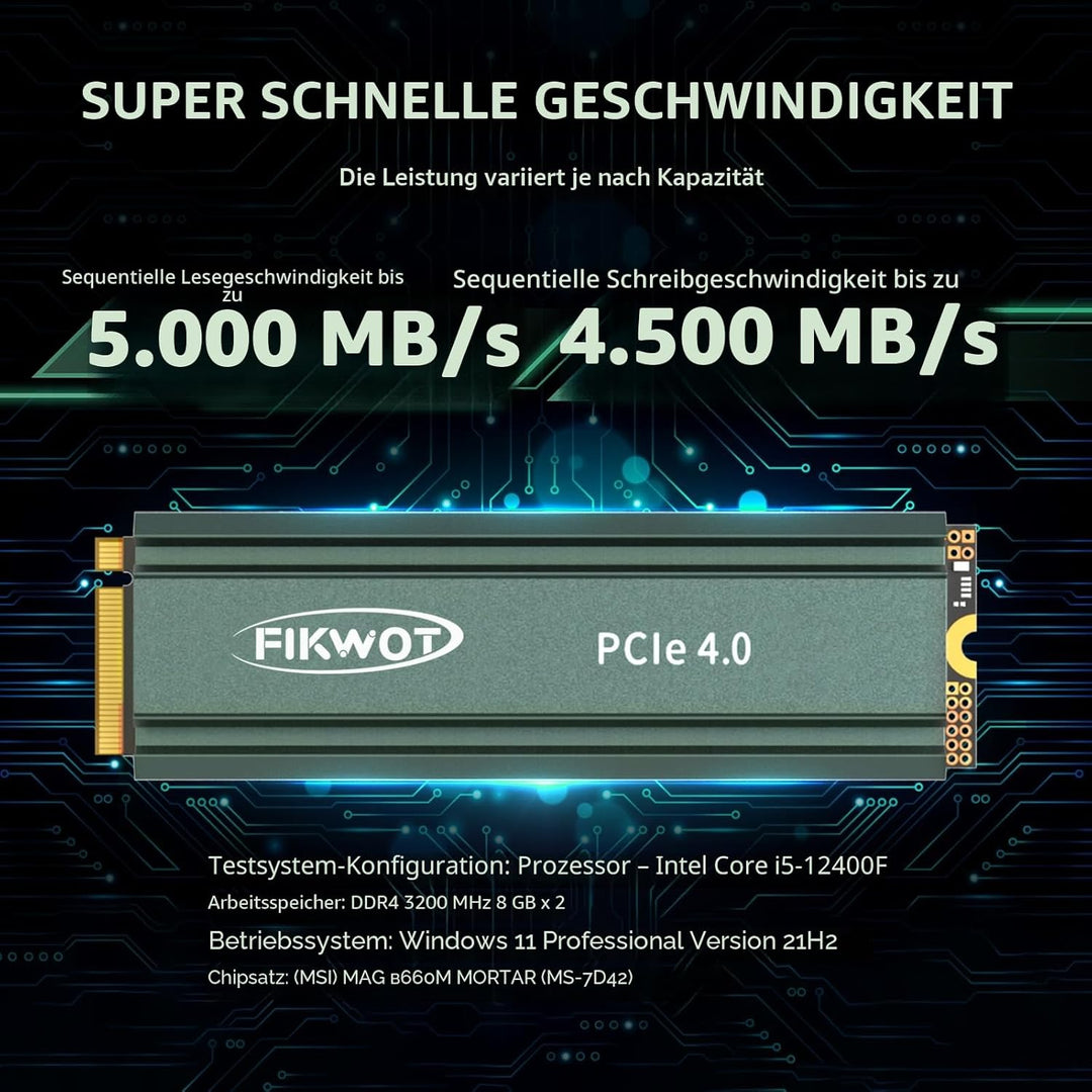 Fikwot FN960 2TB M.2 2280 PCIe Gen4 x4 NVMe 1.4 Internes Solid State Drive mit Kühlkörper – Bis zu 5