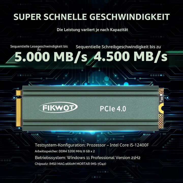Fikwot FN960 2TB M.2 2280 PCIe Gen4 x4 NVMe 1.4 Internes Solid State Drive mit Kühlkörper – Bis zu 5
