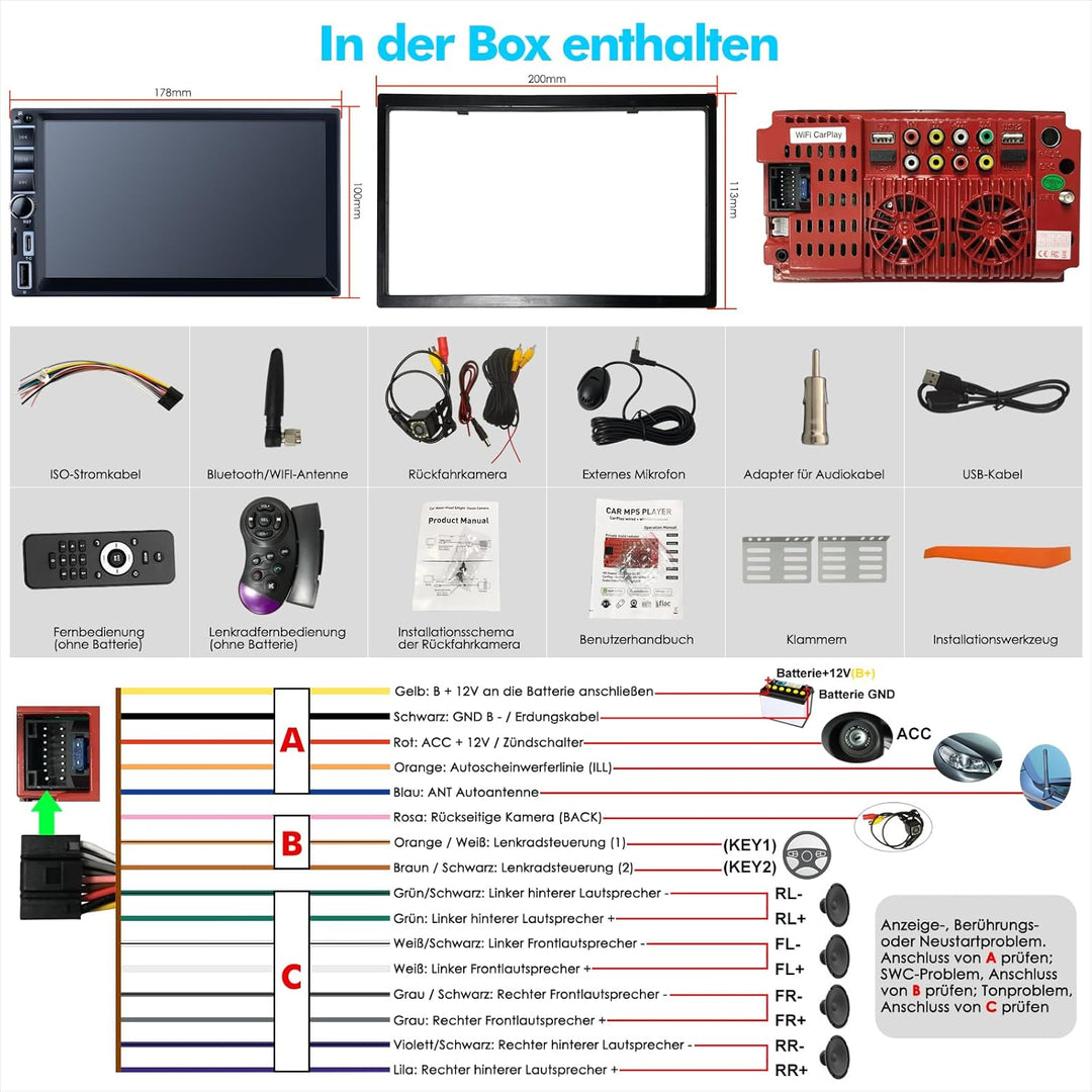 2 Din Autoradio mit Wireless Carplay &amp; Android Auto, Autoradio Bluetooth mit Bildschirm Touchscreen,