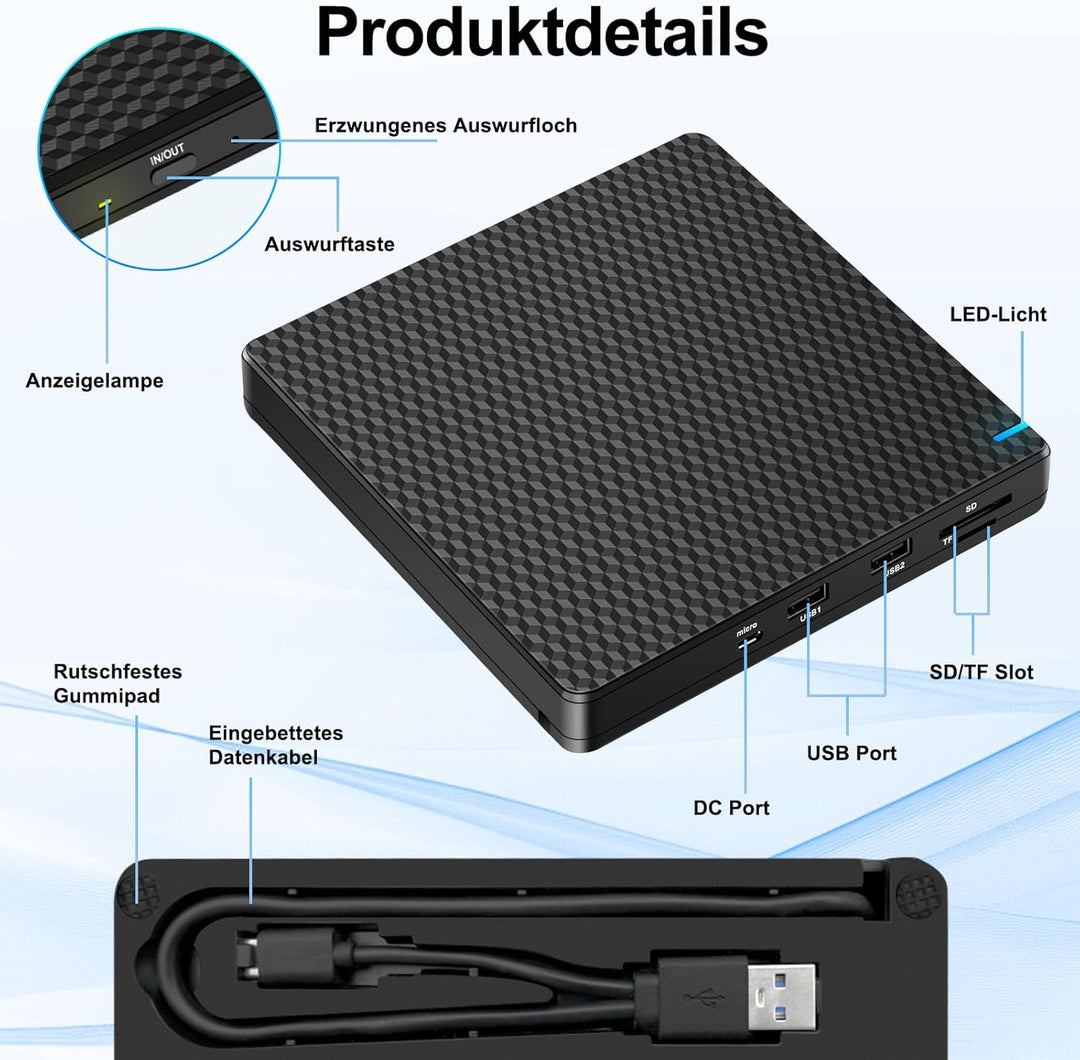 NOLYTH Externes DVD Laufwerk USB-C: CD Laufwerk Extern USB mit SD/TF Slot/2 USB Ports Plug & Play -