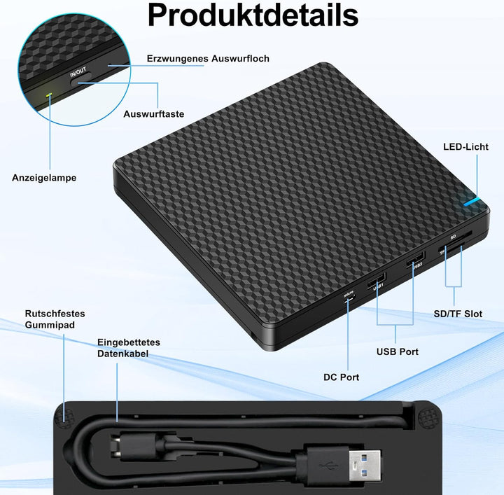NOLYTH Externes DVD Laufwerk USB-C: CD Laufwerk Extern USB mit SD/TF Slot/2 USB Ports Plug & Play -