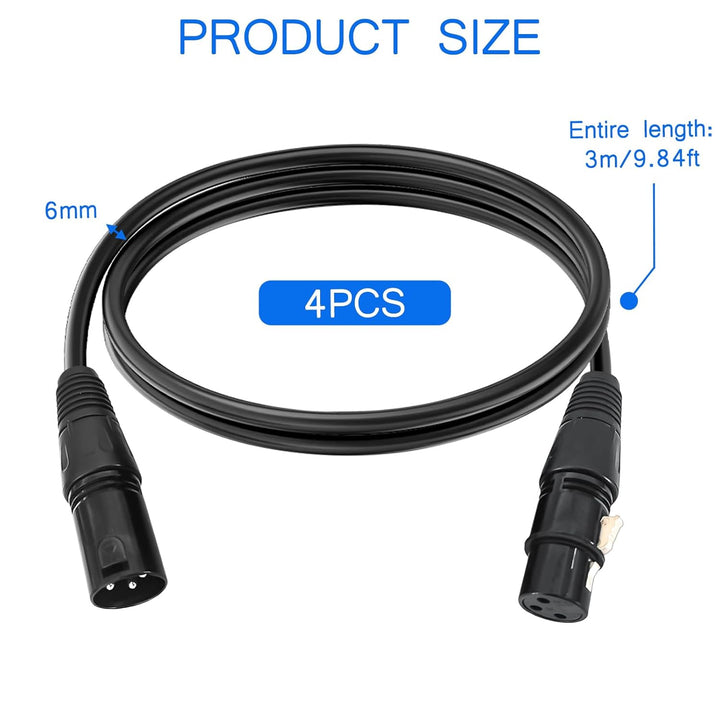 4Pack Dmx Kabel 3m, 3 Pin XLR Kabel Set, XLR-Stecker auf Buchse, XLR Mikrofonkabel, Balanciert DMX K