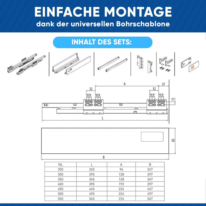 GTV - Modern Box Schublade I L=450mm H=210 mm I Weiss I Leises Schliessen I Belastung bis zu 40 kg I