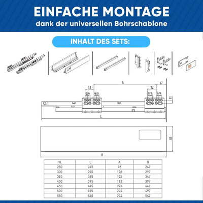 GTV - Modern Box Schublade I L=350mm H=210 mm I Weiss I Leises Schliessen I Belastung bis zu 40 kg I