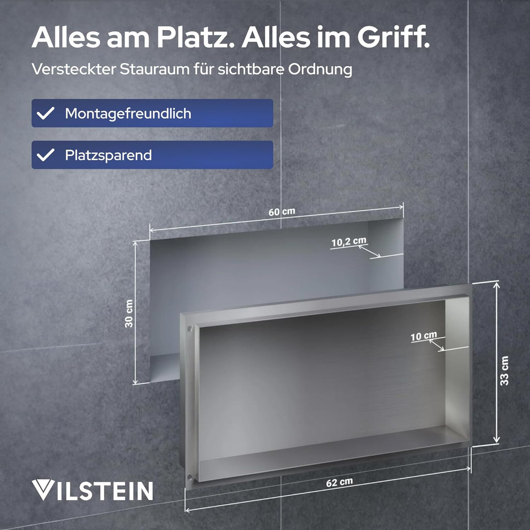 VILSTEIN Wandnische Dusche 30x60 cm [ROSTFREI] - Randlose Duschnische - Wandnische Silber - Einbaure