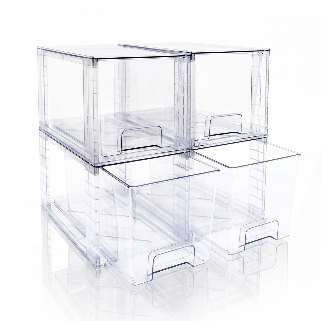 4er-Set Mittelgrosse Stapelbare Aufbewahrungsschubladen, Transparente Acrylbox mit Griff, Einfacher
