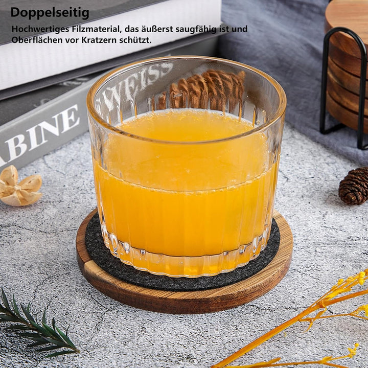 Untersetzer Gläser Holz 6er Set, Untersetzer aus Akazienholz & Filz mit Halter, Glasuntersetzer Holz