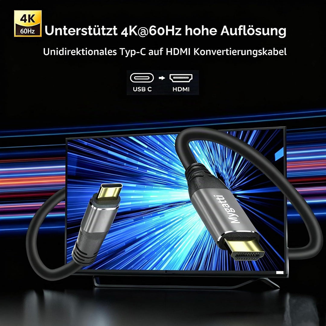 USB C auf HDMI Kabel 15 M,Typ-C auf HDMI 4K UHD(Thunderbolt 4/3 kompatibel),mit 90-Grad und 270-Grad