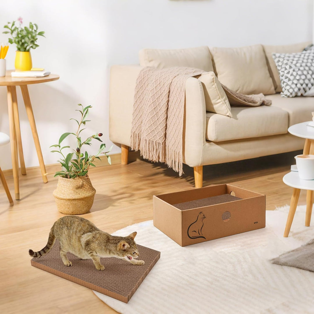 AUSCAT Kratzbrett Katze mit Box, 6 STK. Doppelseitige Kratzpappe für Katzen, Wellpappe Kratzbrett fü