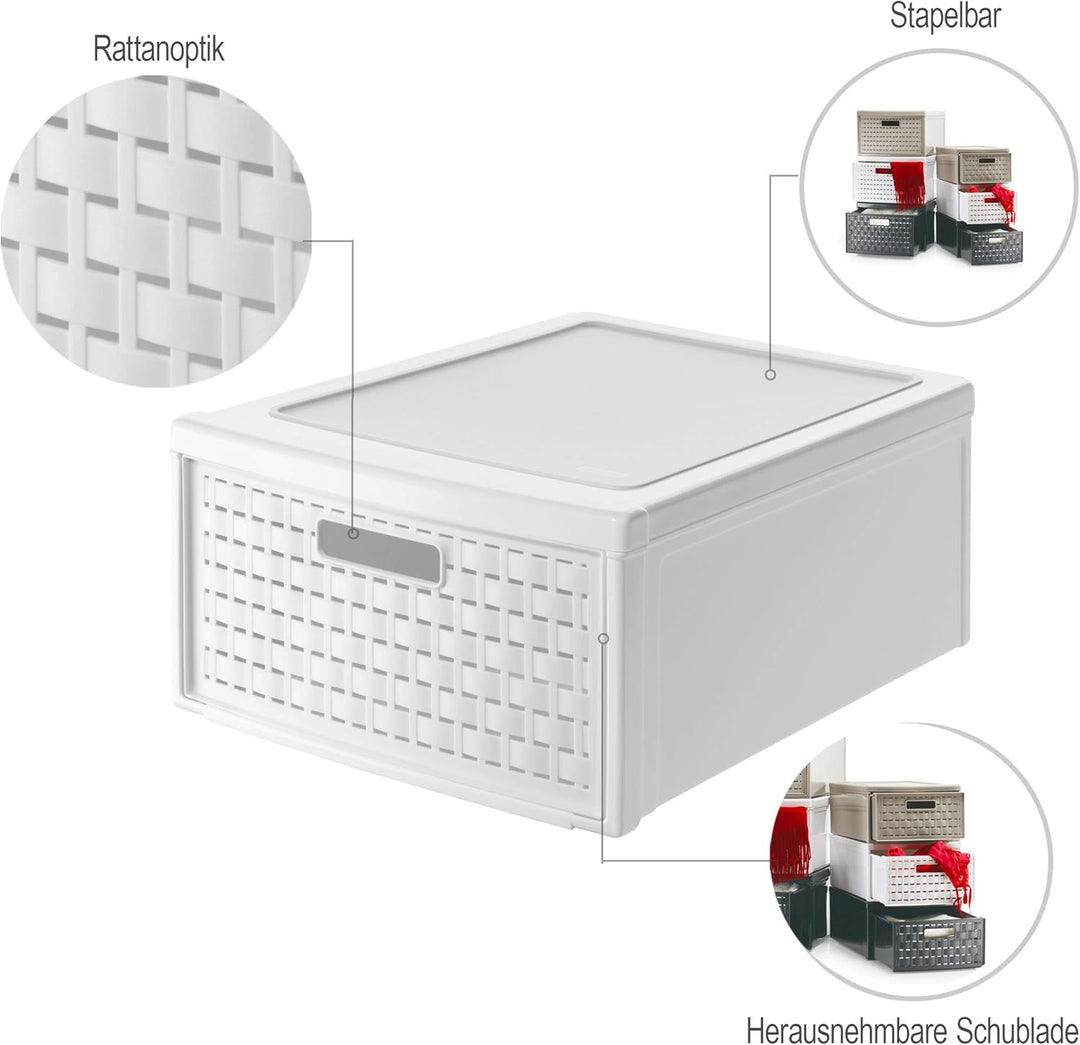 Rotho Country Schubladenbox 19.2l mit 1 Schub in Rattan-Optik, Kunststoff (PP) BPA-frei, weiss, gros