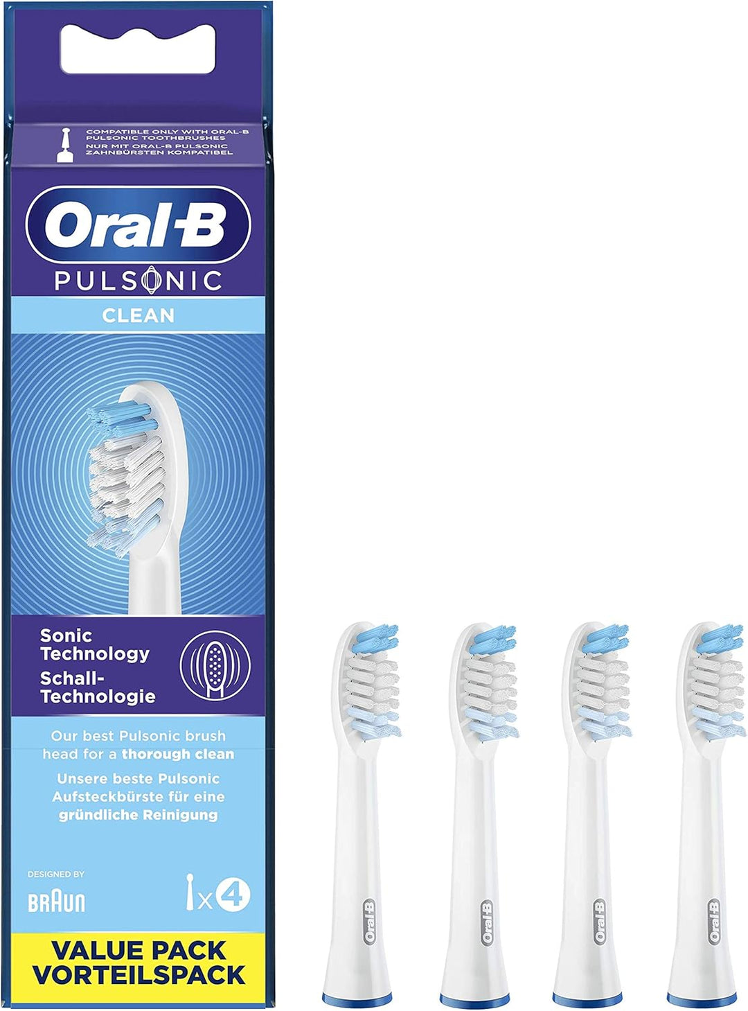 Oral-B Pulsonic Clean Aufsteckbürsten für Schallzahnbürsten, 4 Stück, Zahnbürstenaufsatz für Oral-B