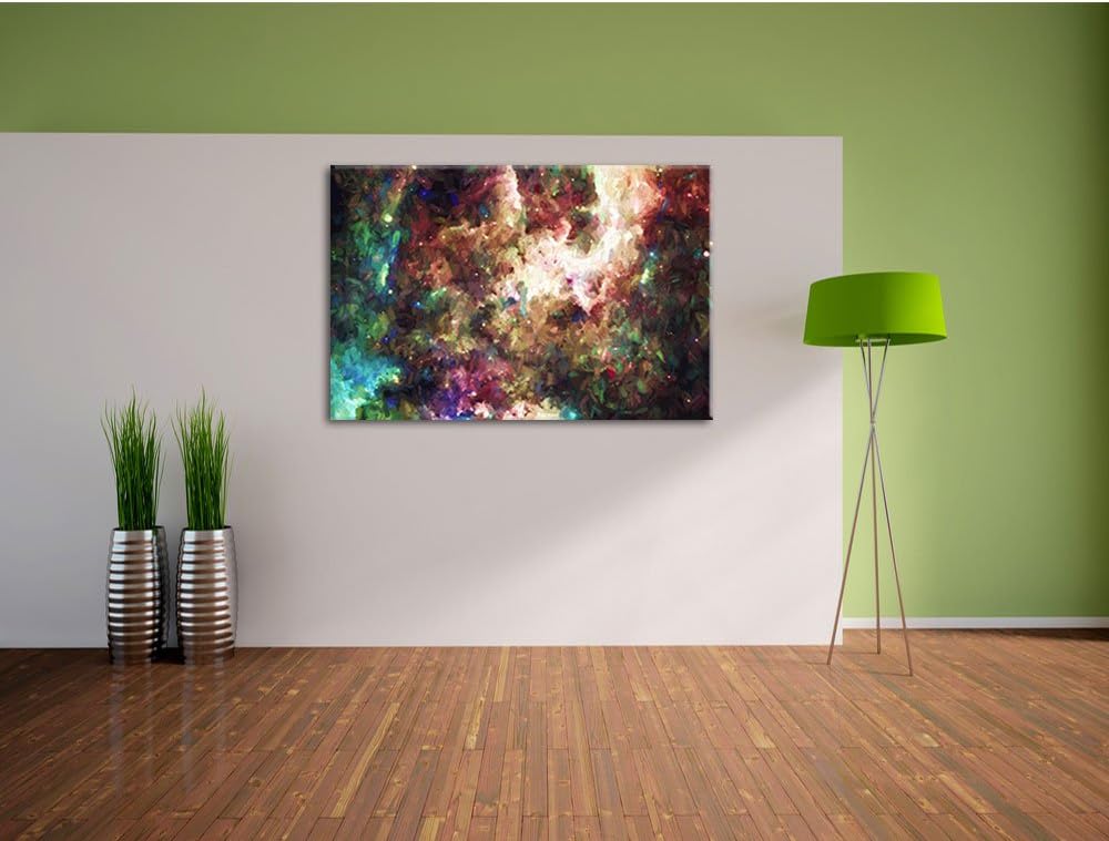 Pixxprint Bunte Nebelgalaxie und Sterne Kunst Pinsel Effekt, Format: 100x70 auf Leinwand, 100x70
