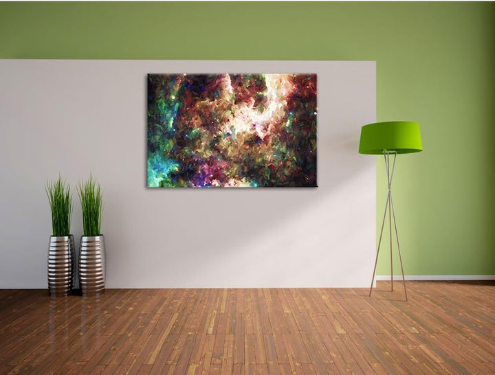 Pixxprint Bunte Nebelgalaxie und Sterne Kunst Pinsel Effekt, Format: 100x70 auf Leinwand, 100x70